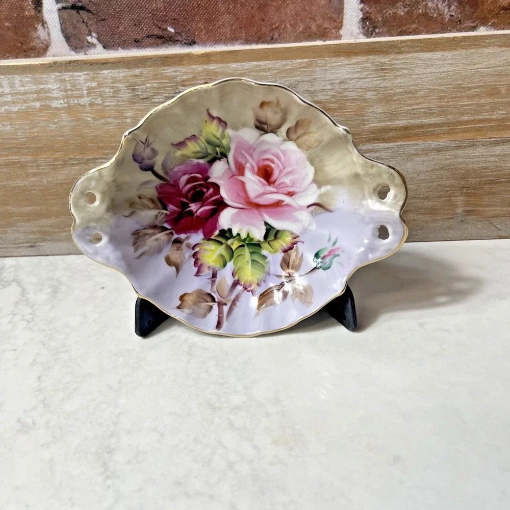Vintage Lefton Hand Painted China Roses Purple Gold Trim Bowl w Handles